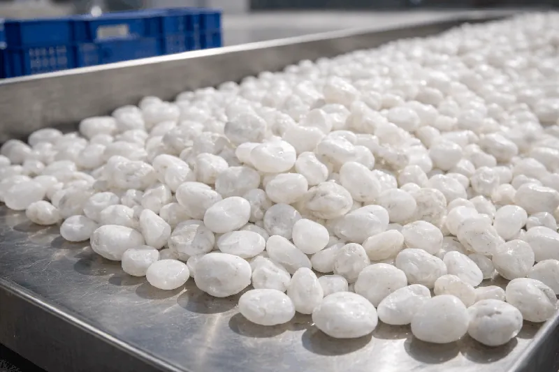 Polished white quartz on steel table